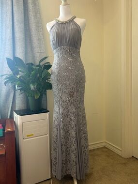 Silver Gray Beaded Halter Evening Gown